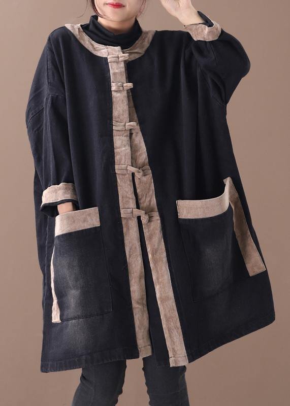 Elegant hooded Chinese Button Fashion clothes denim black patchwork khaki Plus Size Clothing coats