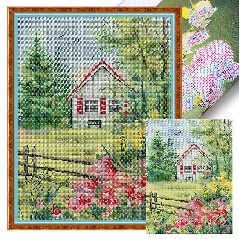 Cottage with amazing Garden on the River/ Large Cross Stitch