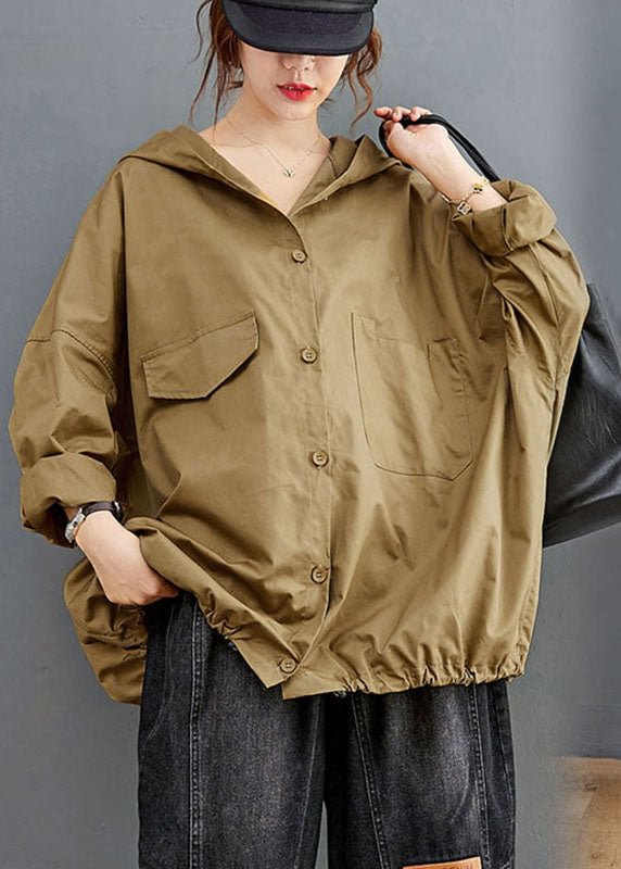 DIY Khaki Button Pockets Loose Fall Long sleeve Coat CK1273- Fabulory