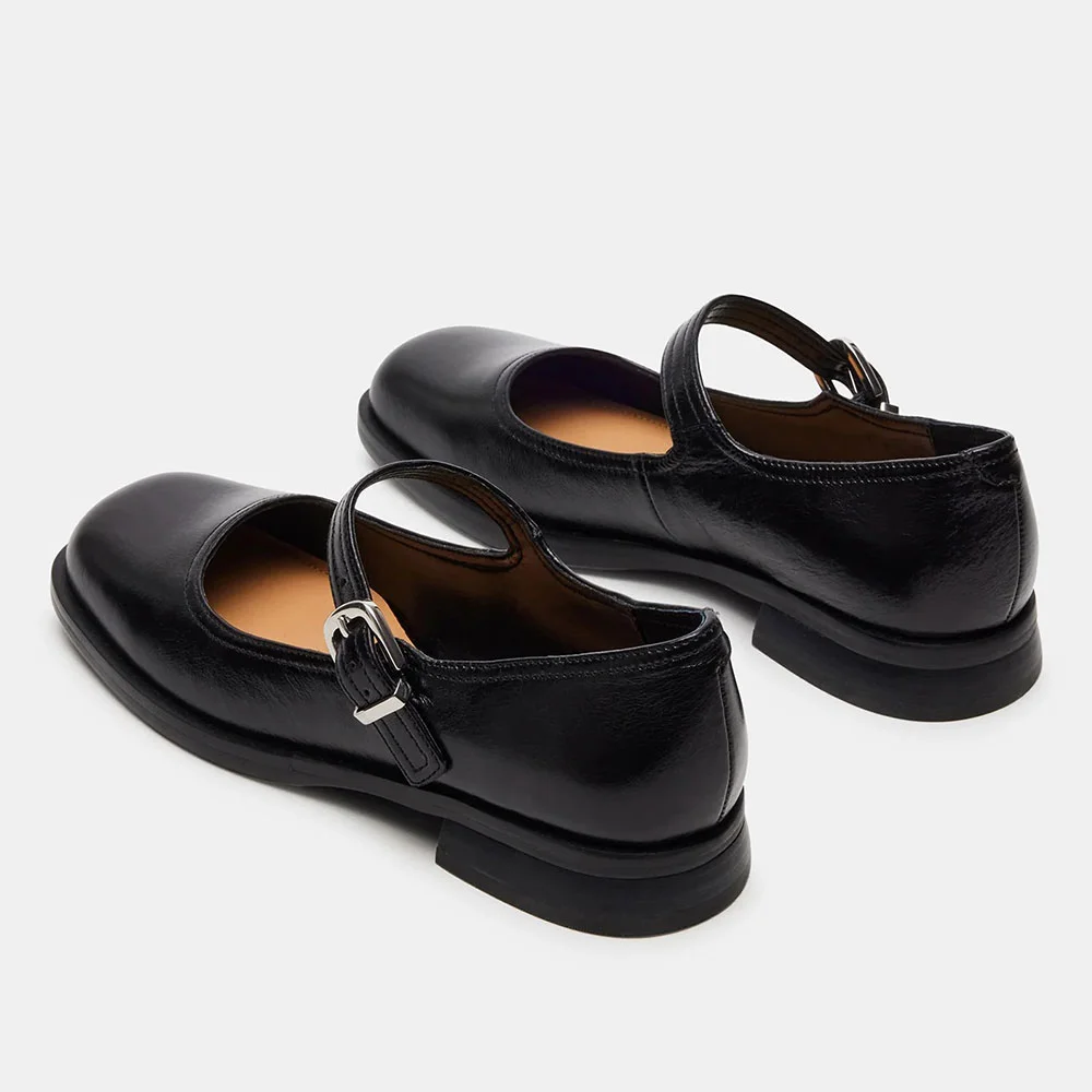 Classic Black Faux Leather Flat Square Toe Buckle Strap Mary Jane Shoes