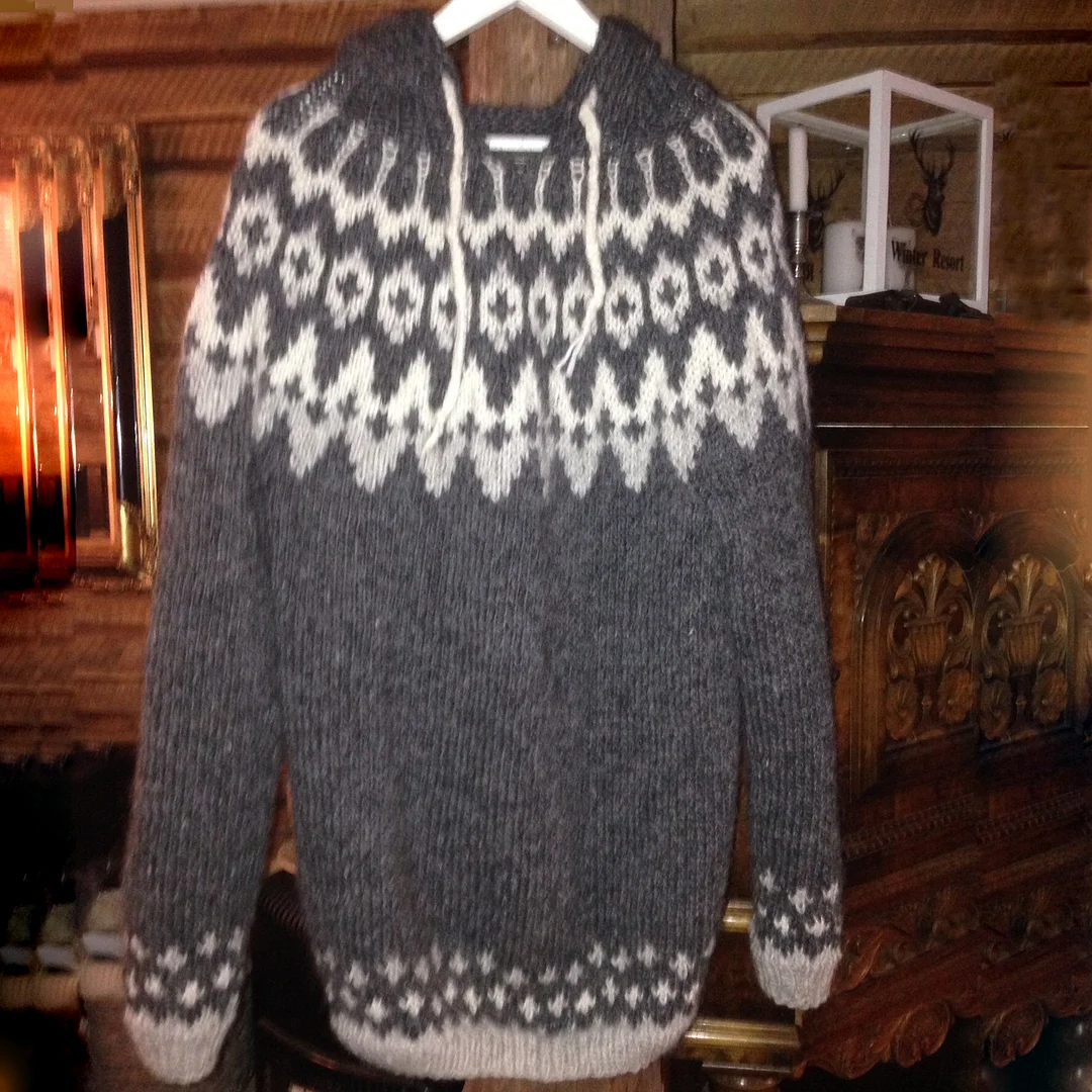 Men'S Vintage Knitted Jacquard Hooded Sweater