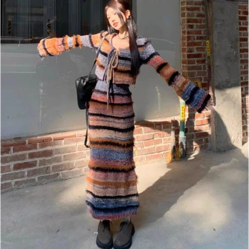 Vintage Striped Gradient Knit Women Set Short Sweater Cardigan Tops Slim Sexy Long Dresses Suit Autumn Winter High Street Outfit Aiertu