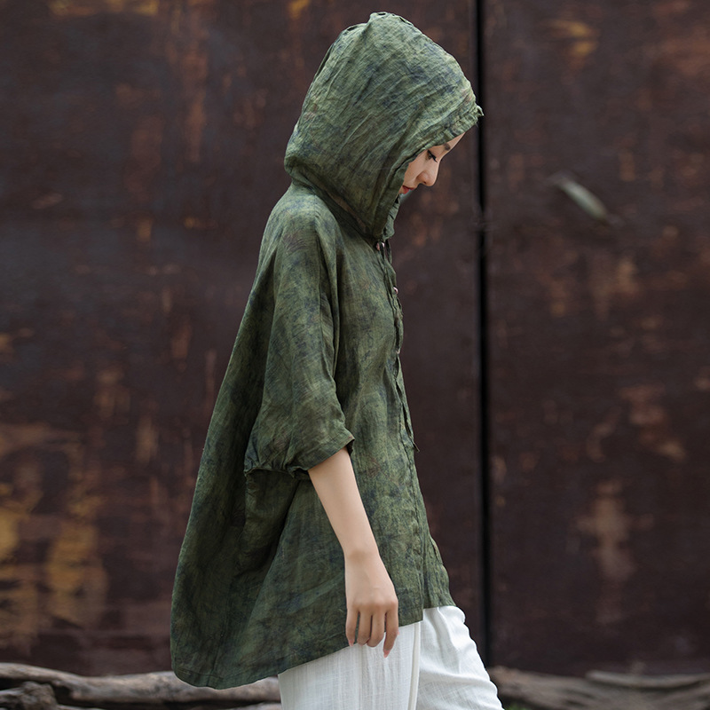 Cotton-Linen High-Twist Pure Ramie Printed Button-Down Hoodie Short-Sleeve T-Shirt