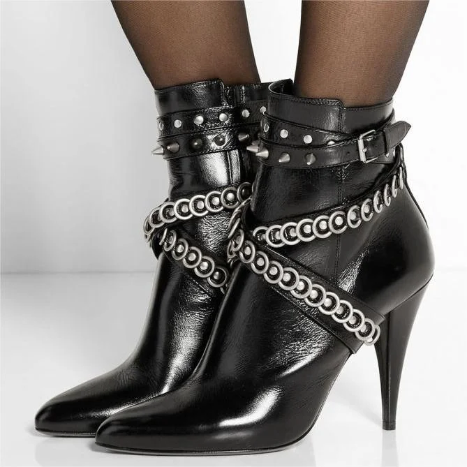 Black Studded Crisscross Strap Pointy Toe Cone Heel Booties for Women |FSJ Shoes