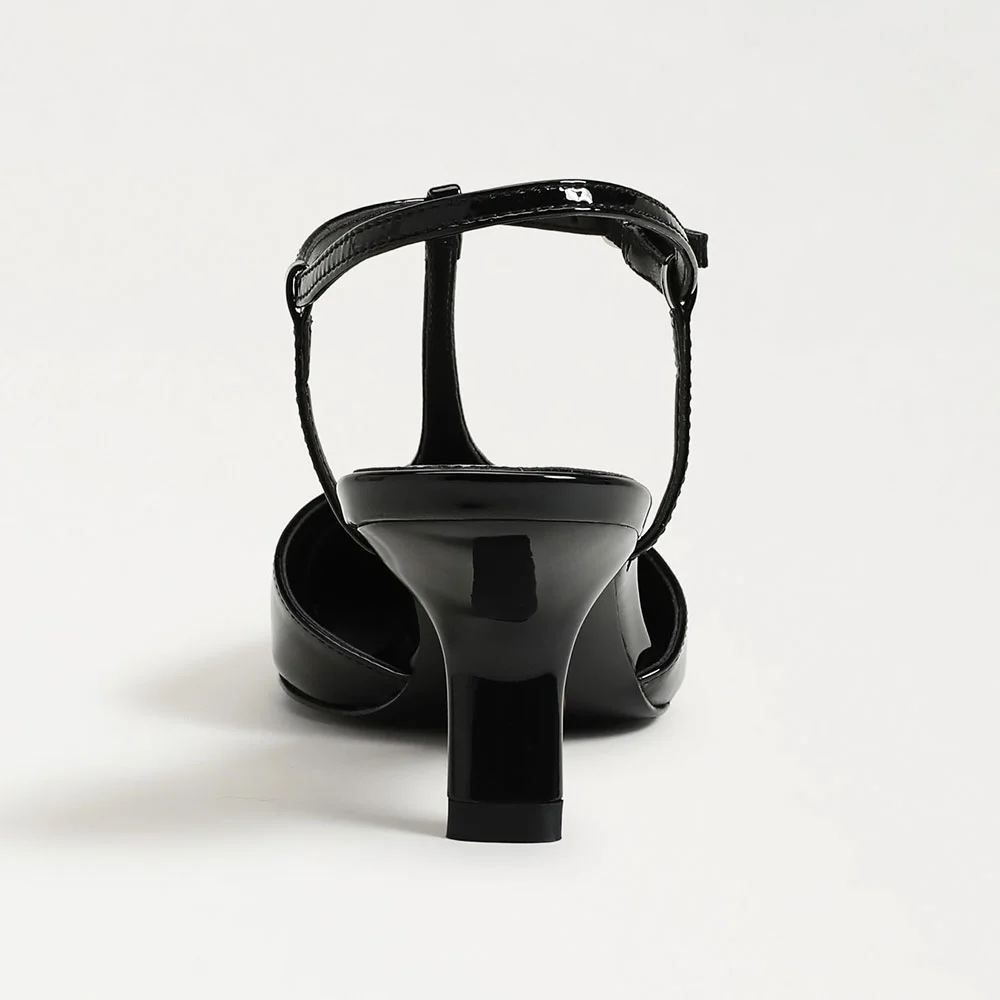 Patent Leather Pointed Toe T-Strap Chunky Heel Black Pumps with Buckle