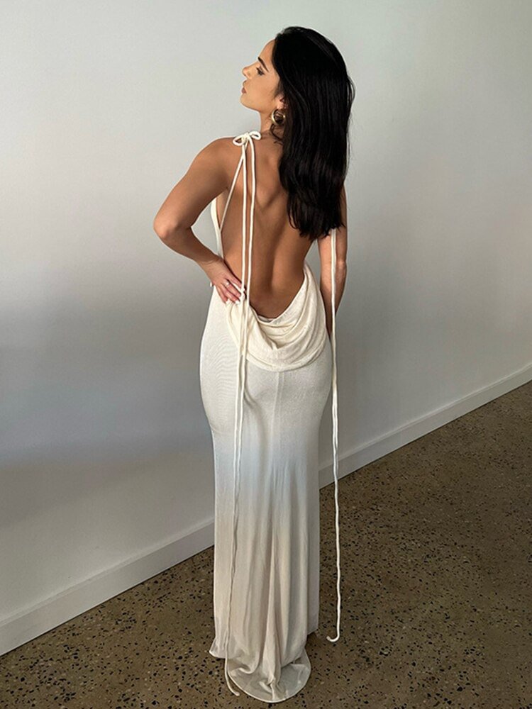 Uveng Sexy Spaghetti Strap Backless Maxi Dress Women Slim Drawstrings Sleeveless Beach Dresses Outfits 2022 Summer Y2K Robe