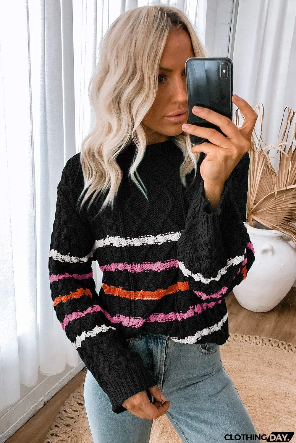Striped Color Block Textured Knit Pullover Sweater