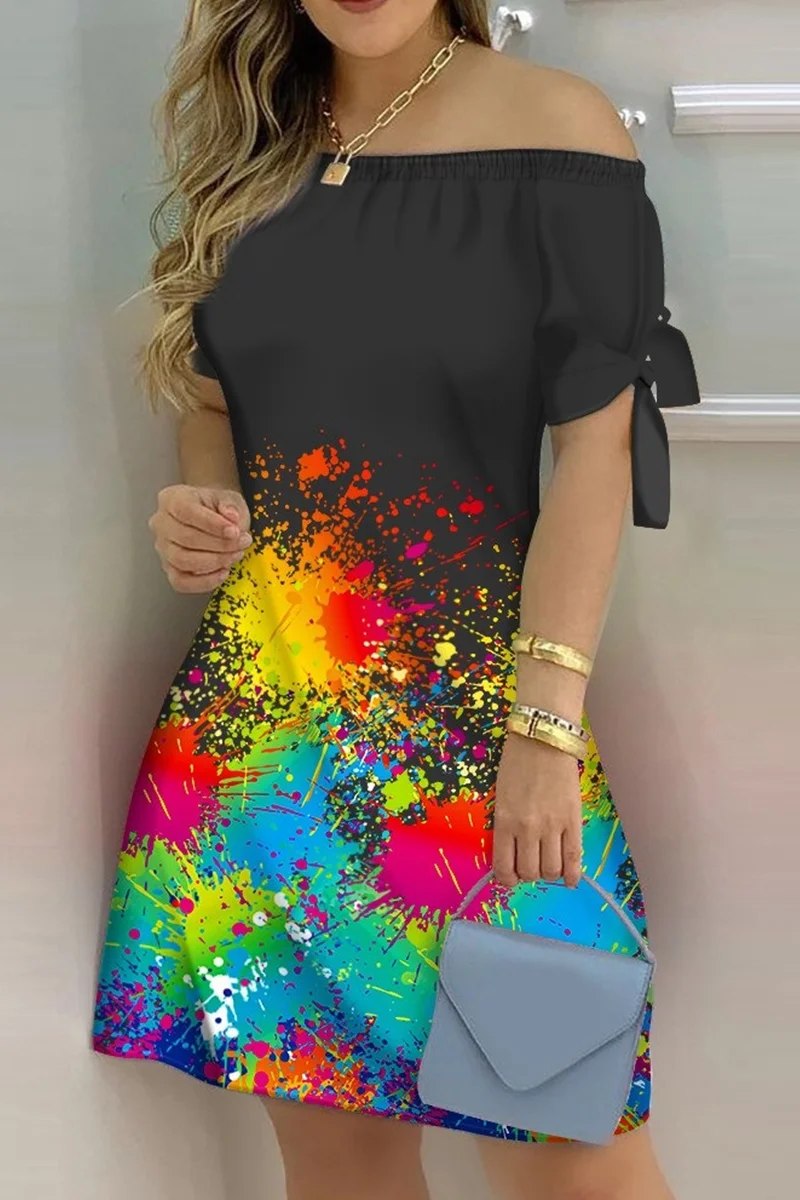Colour Fashion Casual Print Bandage Off the Shoulder Short Sleeve Dress Dresses | EGEMISS