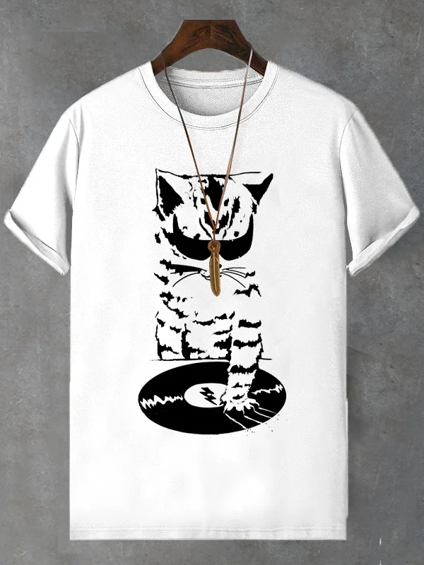 Men's Cat Playing Electronic Music Art Print Cotton Casual T-Shirt