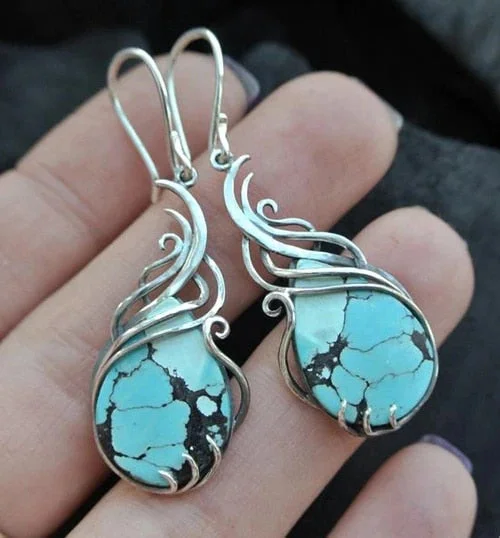 Boho Green Stone Earrings Silver Color Water Drop Hoop Earrings Fashion Women Party Drop Earrings Jewelry