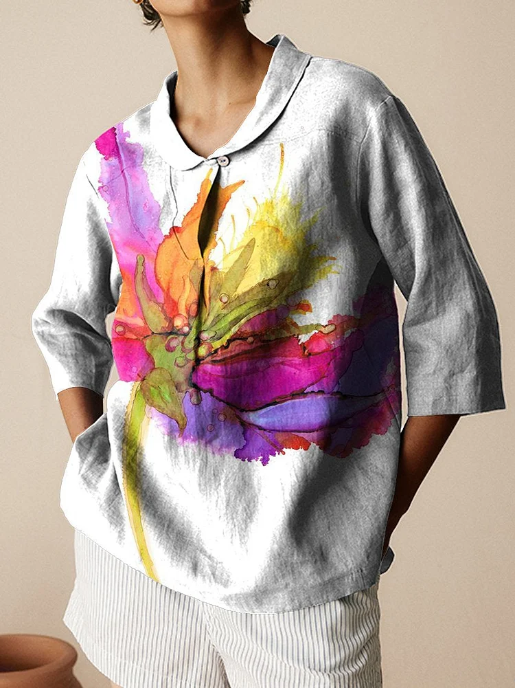 Women's Summer Bloom Print Casual Linen Cotton 3/4 Sleeve Shirt