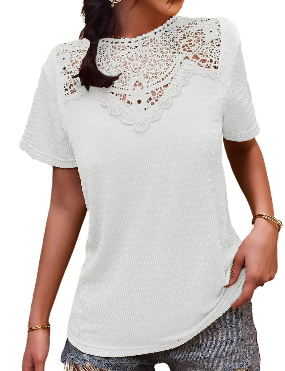 White Splicing Lace Knit Jaquard Short Sleeve Tops