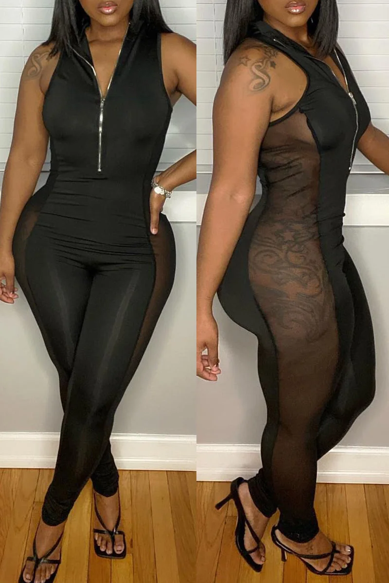 Sexy Casual Solid Split Joint See-through Zipper Collar Skinny Jumpsuits