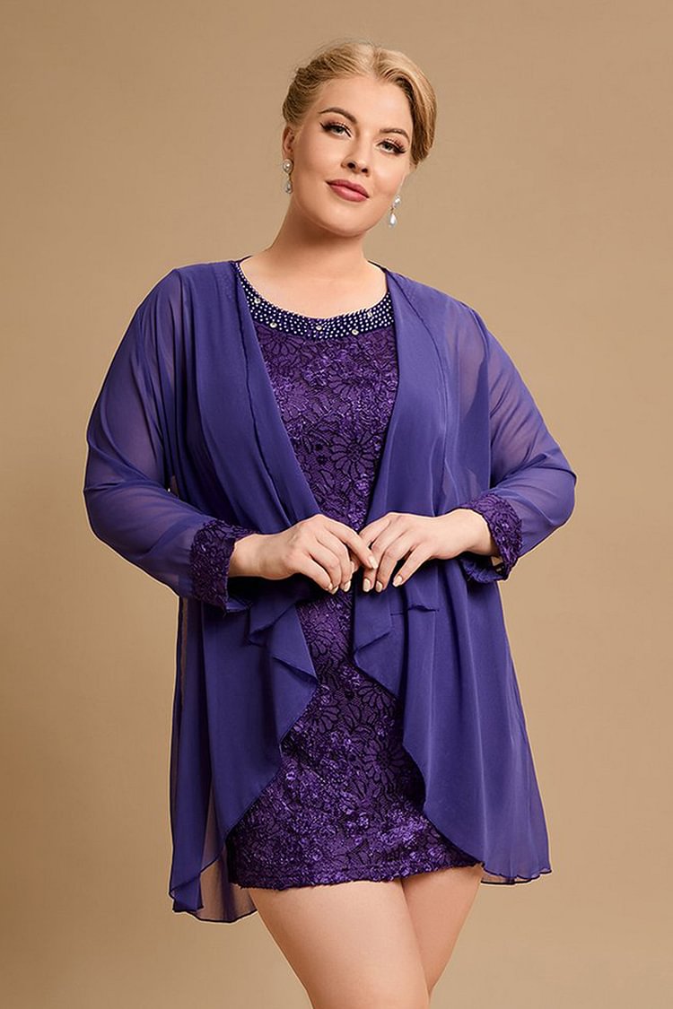 Flycurvy Plus Size Formal Purple Floral Lace Sequin Pearls Two Pieces Midi Dresses FlyCurvy flycurvy [product_label]