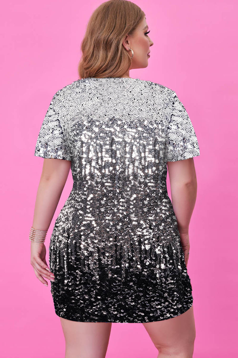 Design Plus Size Party Mini Dresses Silver Letter Spring Summer V Neck Short Sleeve Sequin Birthday Mini Dresses [Pre-Order]