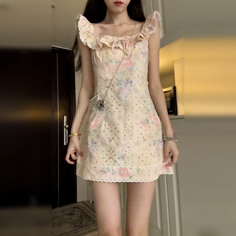 Karastik Floral Print A-Line Mini Dress Women's Summer Sexy Slim Fit Tea Break Small Flng Sleeve Strapless Dress Homecore Brand