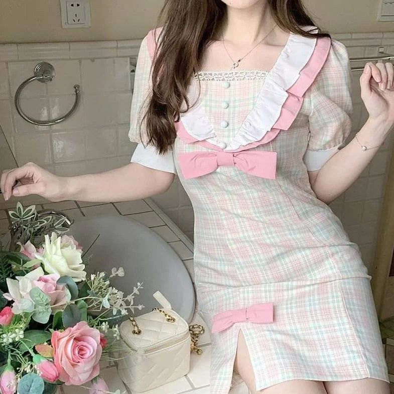 Pink Kawaii Sweet Pastel Plaid Dress SP16409R