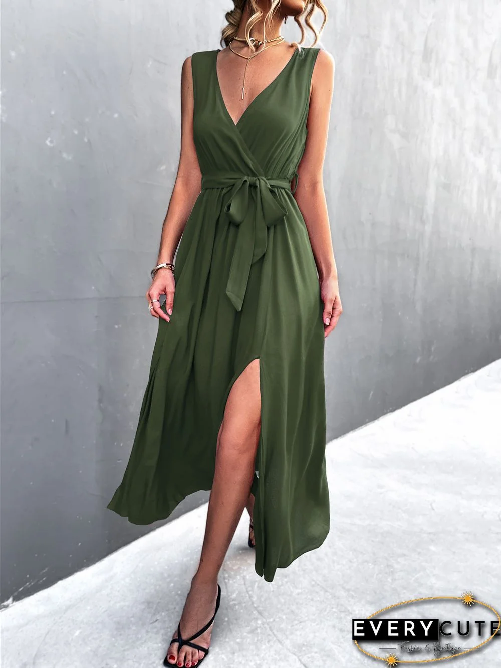 Sexy V-neck Cross Strap Sleeveless Slit Dress Black Dresses