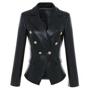 pornhint Pornhint Kim Kardashian Double Breasted Leather Jacket Womens Stylish Double Breasted Leather Blazer Coat Gold Buttons Jacket New
