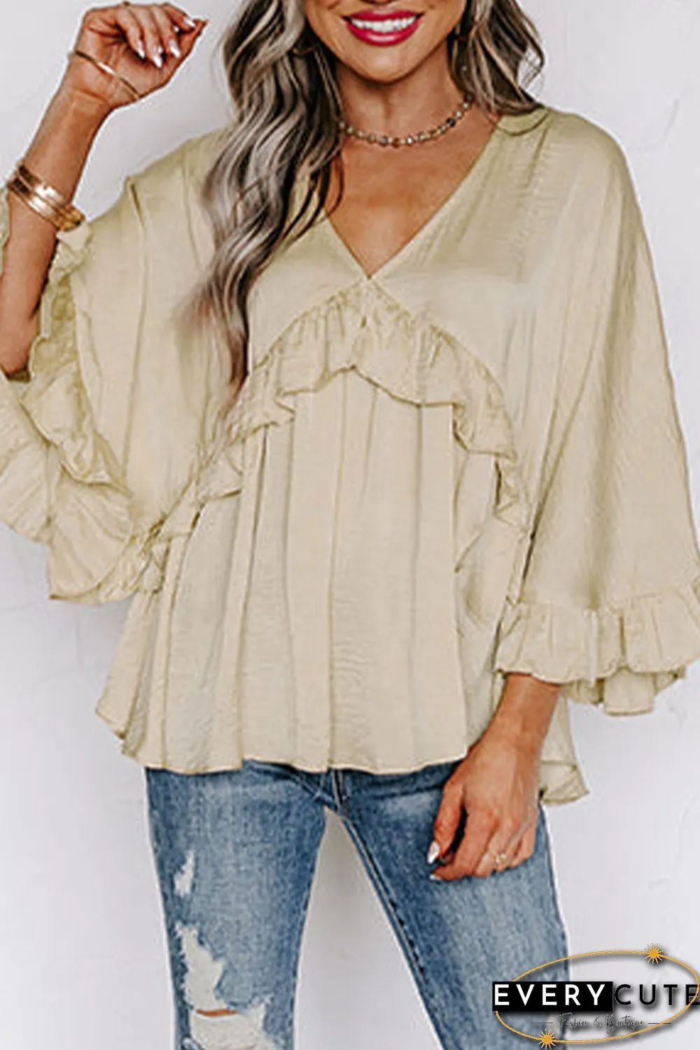 Apricot V Neck Draped Batwing Sleeve Ruffle Top