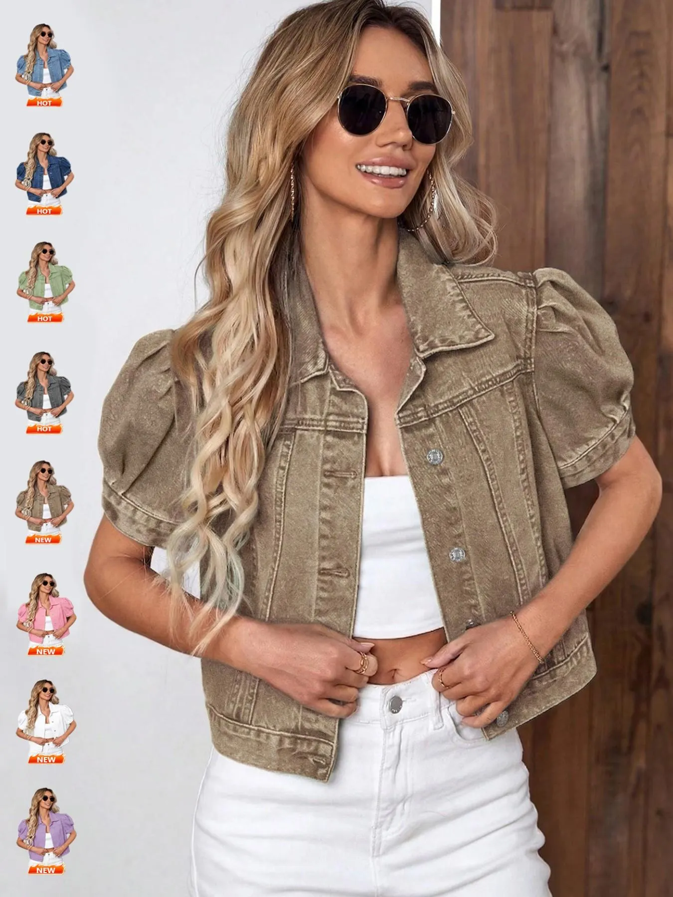 Women's Vintage Bubble Sleeve Light Wash Denim Jacket, Summer Thin High Waist Crop Top, Casual Fashionable Short Jean Coat for Women Women's Vintage Bubble Sleeve Light Wash Denim Jacket, Summer Thin High Waist Crop Top, Casual Fashionable Short Jean Coat for Women