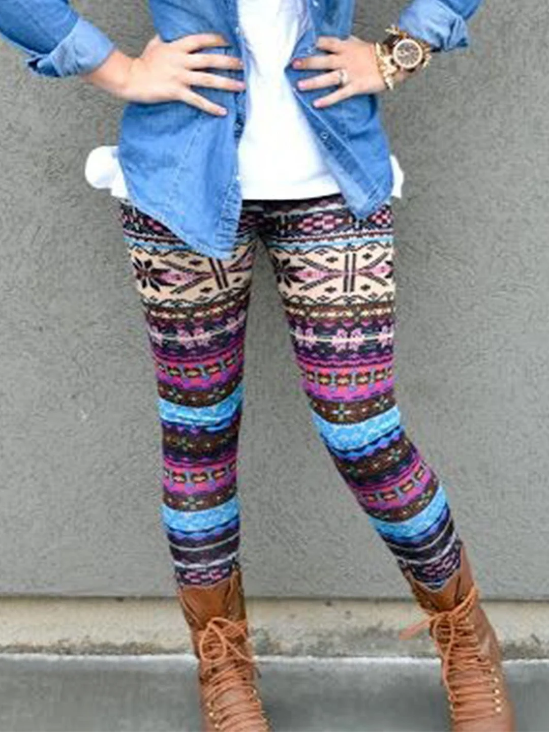 Vintage Multicolor Geometric Printed Plus Size Casual Leggings