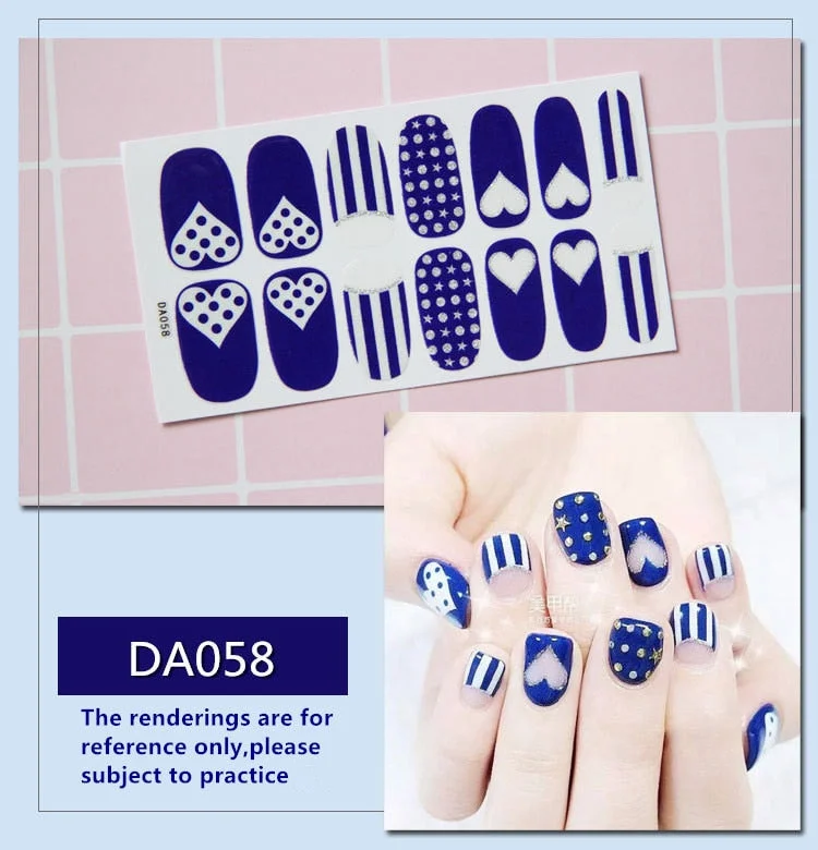 Full Cover Wraps Nail Polish Stickers Strips Plain Nail Art Decorations Heart Designs Glitter Powder Manicure Tips-Nail Inspo