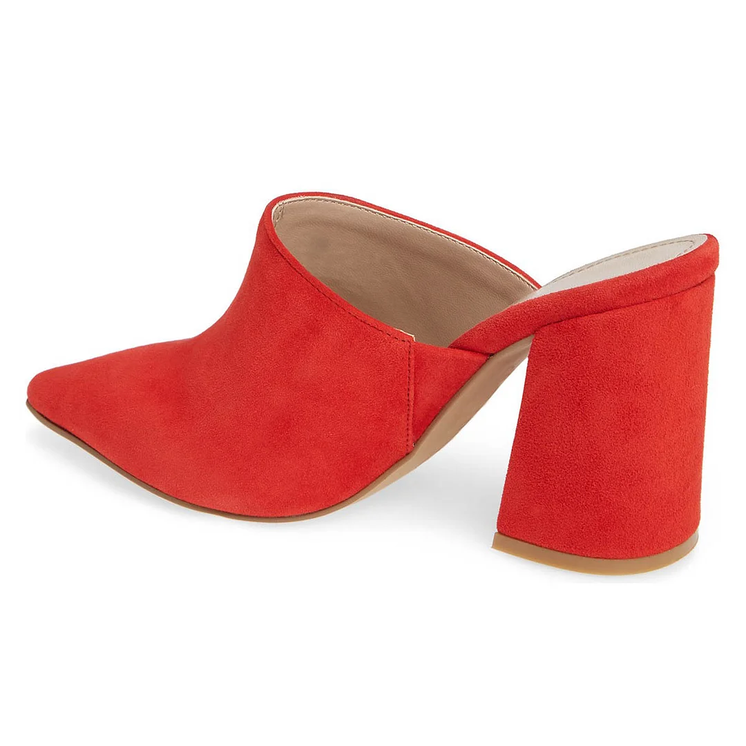 Pointed Toe Slip On Block Heel Vegan Suede Red Mules Shoes for Ladies