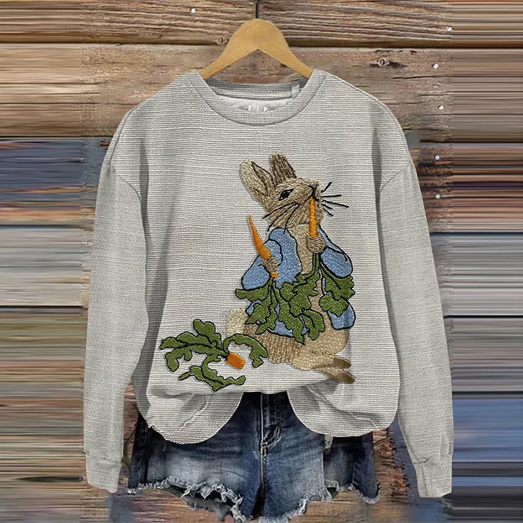 VChics Rabbit Print Crew Neck Long Sleeve Sweatshirt
