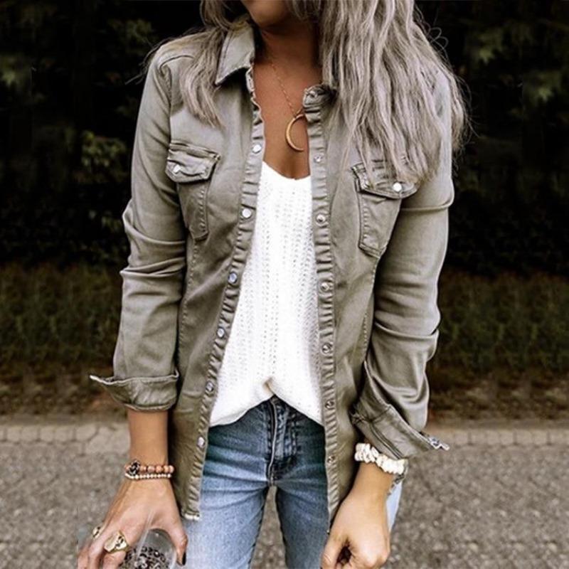  thdmladies Trendy Long Sleeve Denim Shirt With Chest Pockets thedmladies