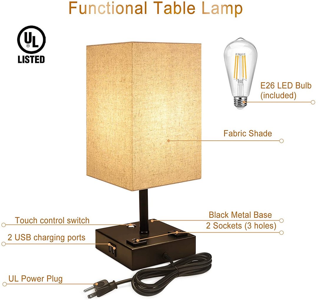 Bedside Lamp, 3 Way Dimmable Touch Control Table Lamp with 2 USB