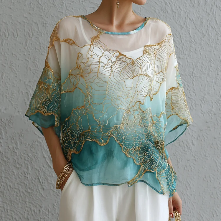 Vintage Marble Texture Collection Retro Bohemia Women Style Gradient Gilded Pattern Linen Round Neck T-shirt