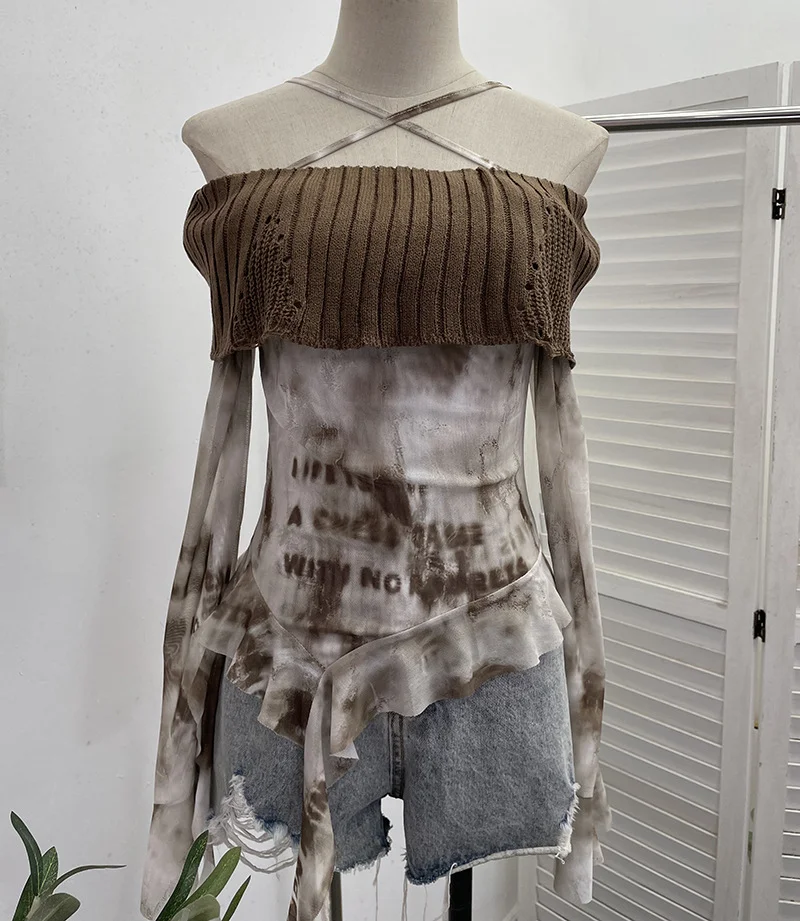 Churchf Real Shot Shoulder Cross Hanging Neck Knitting Mesh Yarn Coat Irregular Ribbon Horn Long-Sleeved T-Shirt 1101