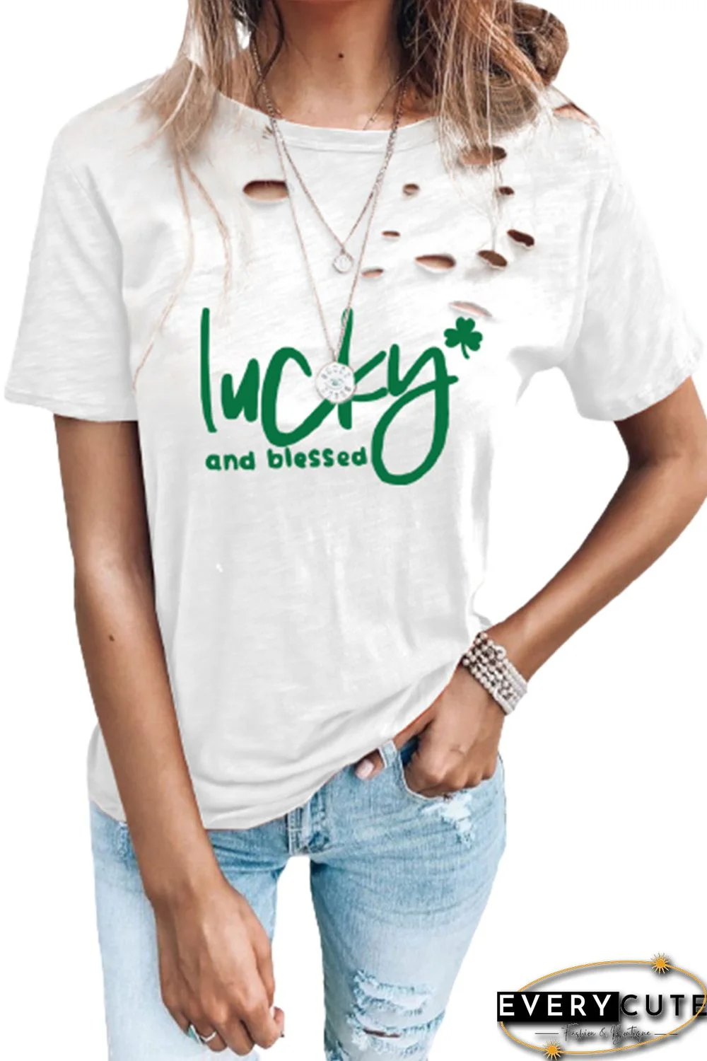 White Distressed lucky and blessed Graphic Tee