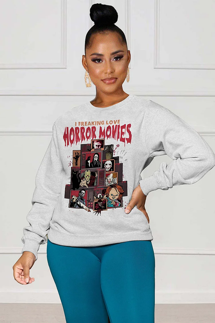 LORAGAL I Freaking Love Horror Movies Skull Halloween Print Long Sleeve Sweatshirts