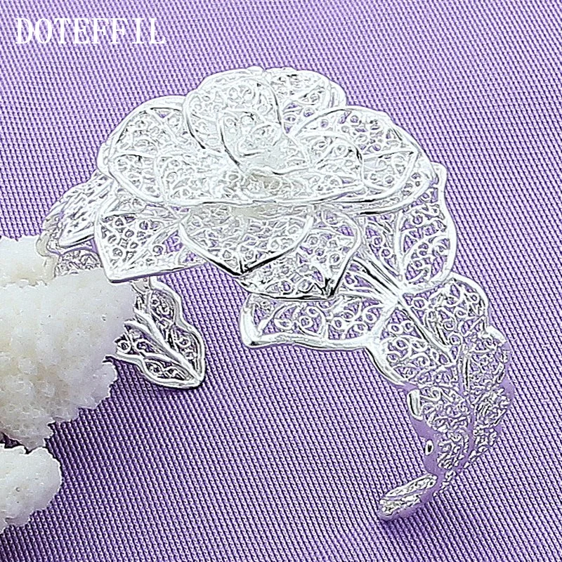 DOTEFFIL 925 Sterling Silver Big Flowers Bangle Bracelet For Woman Jewelry