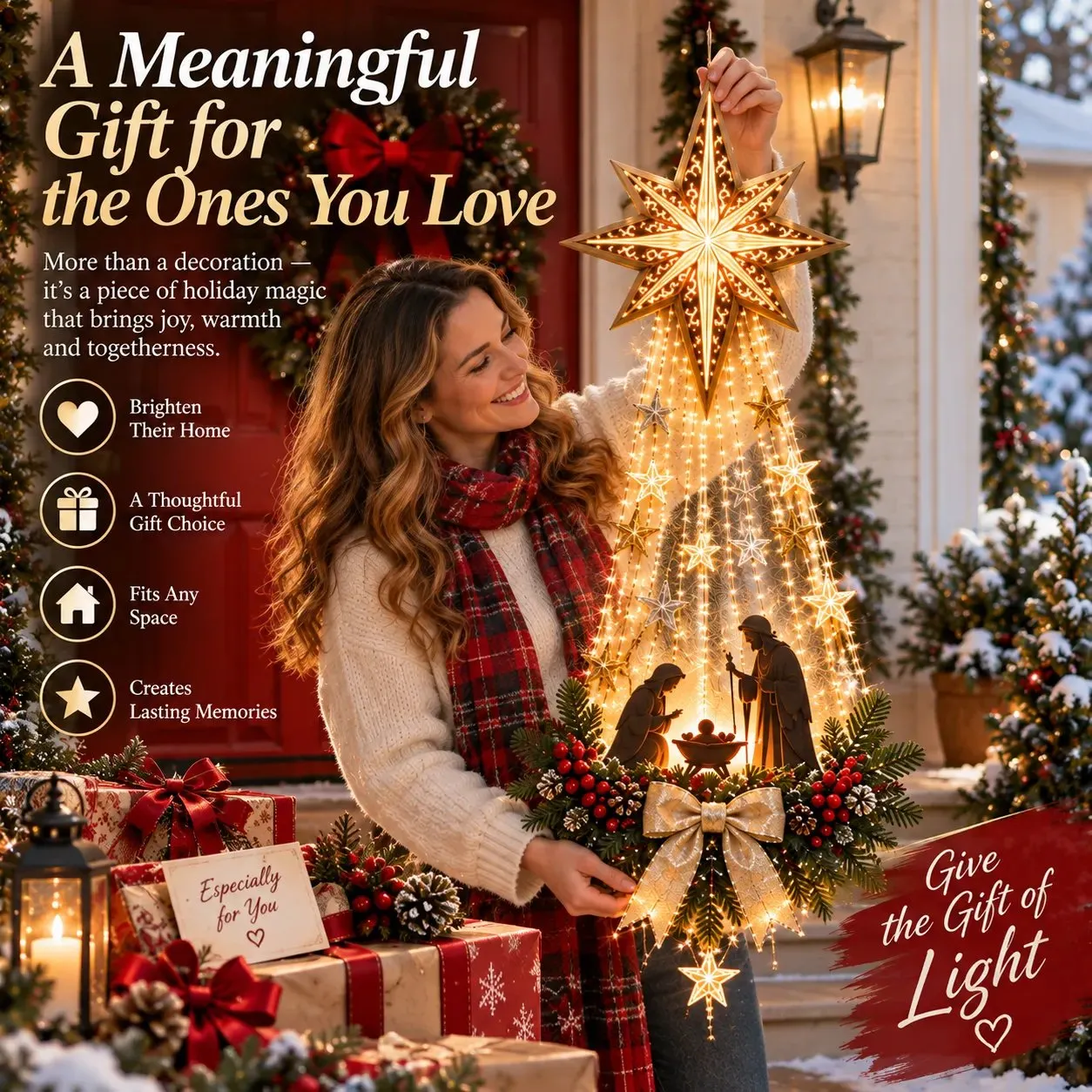 Woman holding Bethlehem Star Christmas wall light