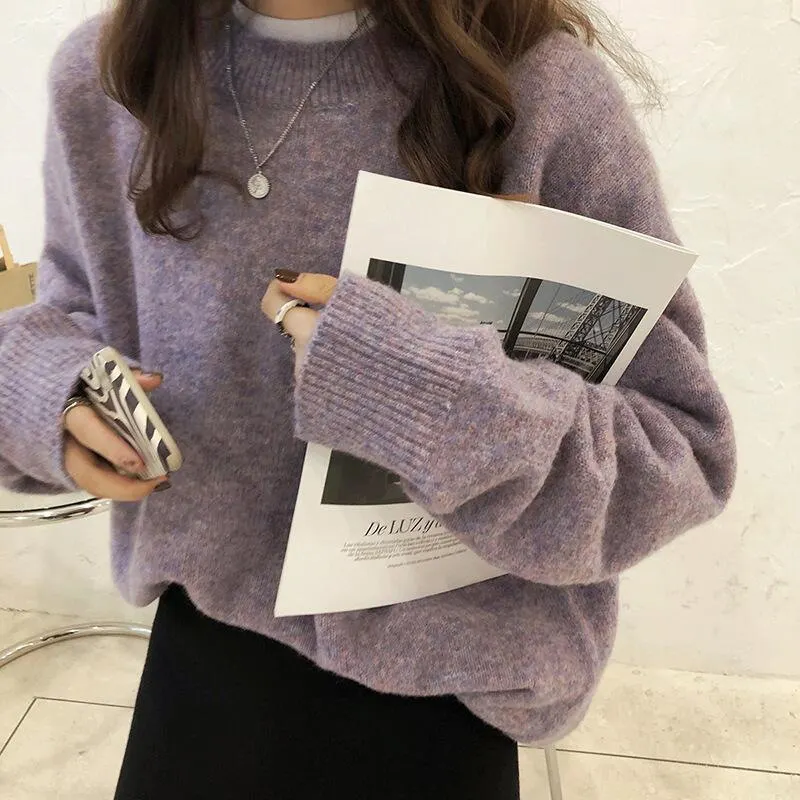 Churchf Churchf Women's Autumn Winter New Style With Lazy Wind Pure Color Sweater Loose Round Collar Thick Mixed Color Top Female
