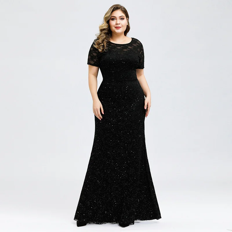 Sparkle Short Sleeve Black Lace Evening Gowns Mermaid Prom Dress With Beadings