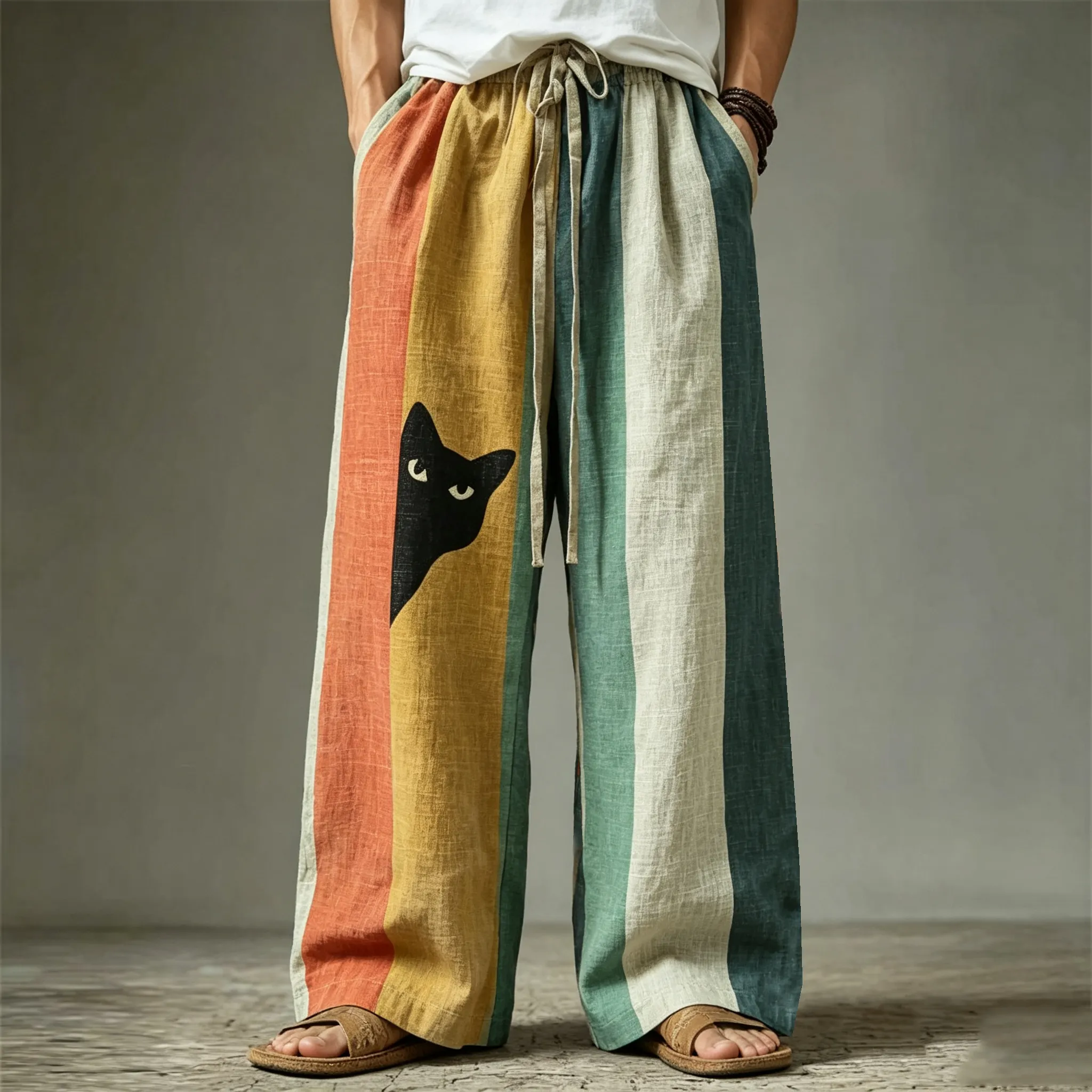 Men's Vintage Black Cat Contrast Stripes Pattern Pants  artssus
