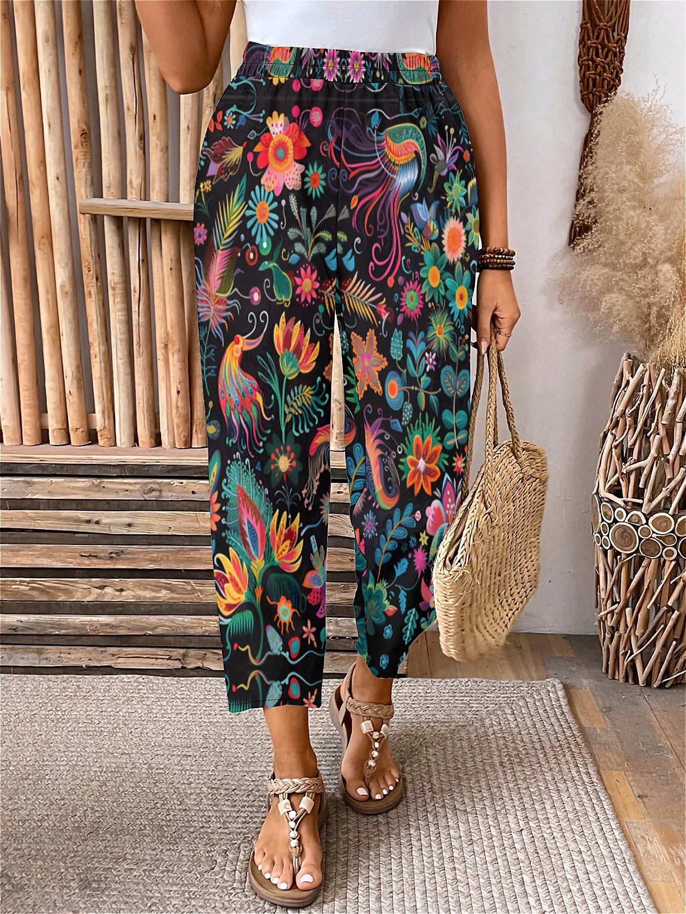 Plus Size Elastic Waist Garden of Eden Printed Pants