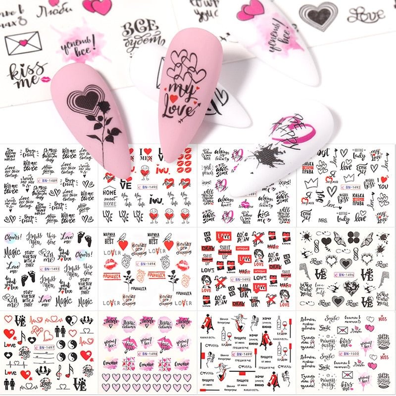 12Pcs/Set Heart Shaped Lips Designs Water Decals English Love Letter Stickers For Nails Nail Art Decoration Sliders Manicure DIY