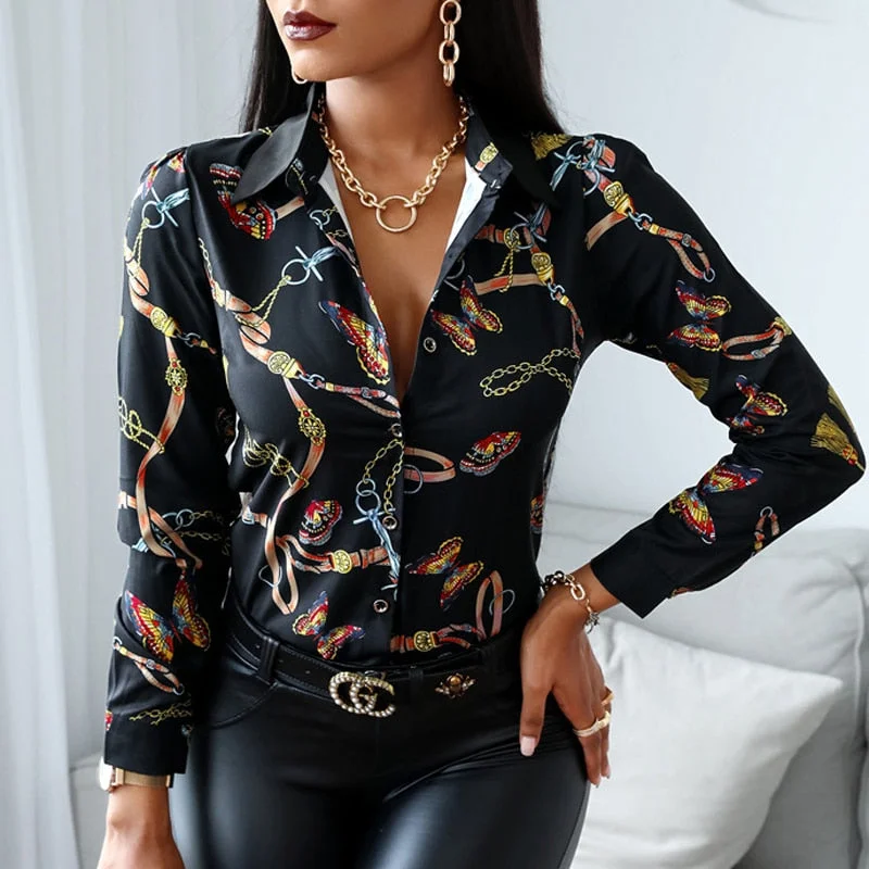 Women Vintage Floral Print Lacing Blouse Shirt Autumn Long Sleeve Sexy V Neck Ladies Top Casual Button Female Fashion Slim Blusa