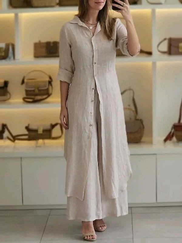 Women Summer Casual Linen Set Elegant Long Sleeve Two-piece Pant Suits