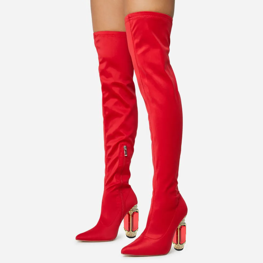 Red Simple Fashion Boots Decorative Heel Over The Knee Boots