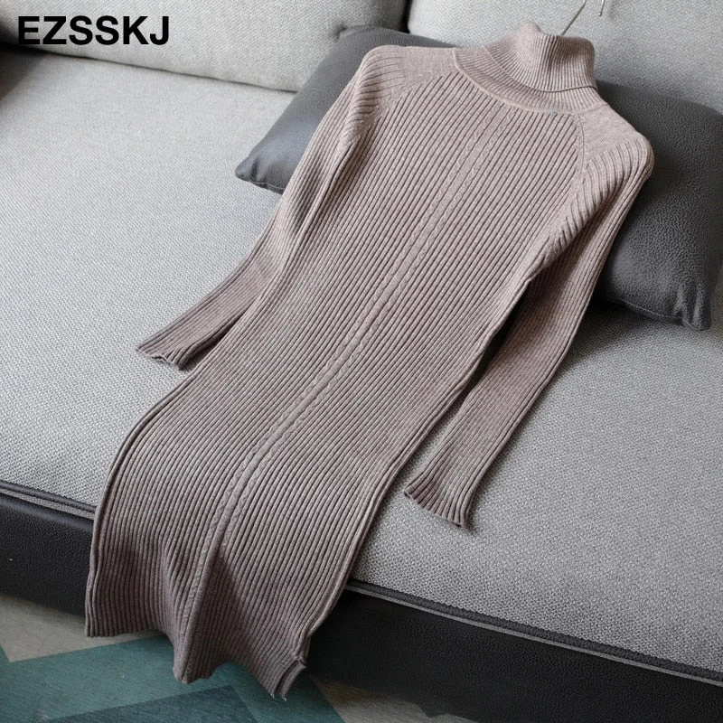 2020 autumn winter midi sweater dress women staight knit short dress highneck dress female slim sweater bodycon warm dress