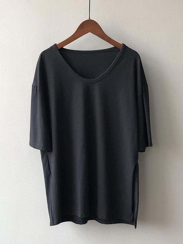 Solid Color Round-Neck Split-Side Casual Simple T-Shirts