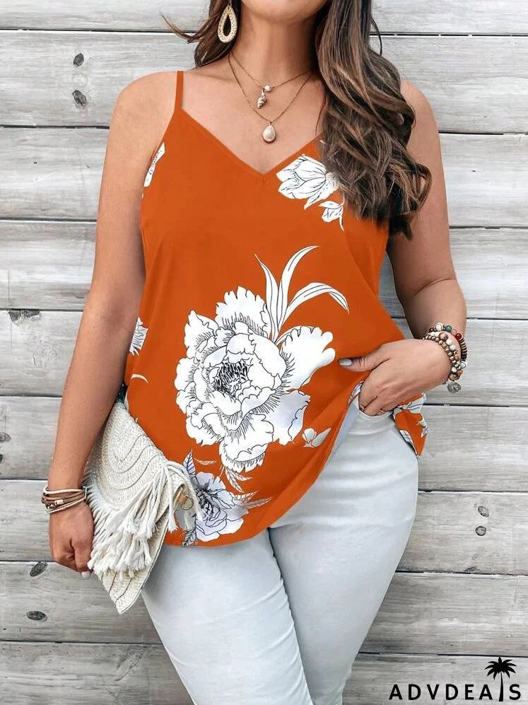 Plus Size Women's Floral Print V-Neck Blue White Camisole Top For Spring