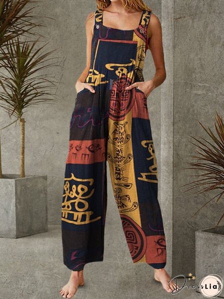 Women's Clothing Bohemian Character Print Suspenders Jumpsuit