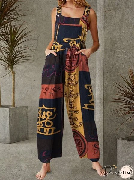 Women's Clothing Bohemian Character Print Suspenders Jumpsuit